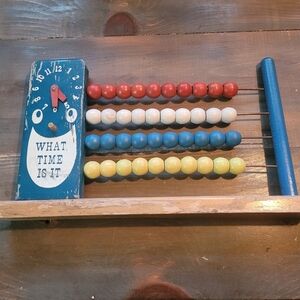 Vintage wooden toy abacus & clock